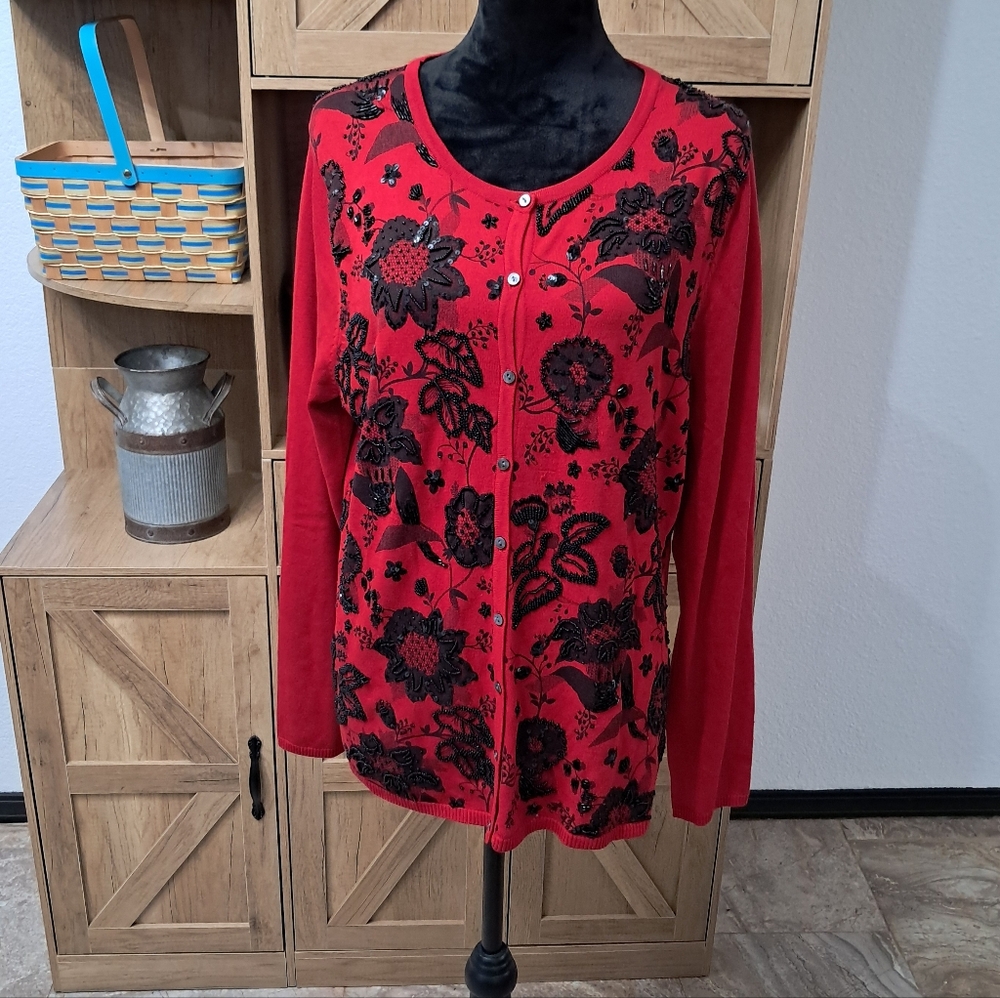 Victor Costa Red Cardigan with Black Floral Embroidery